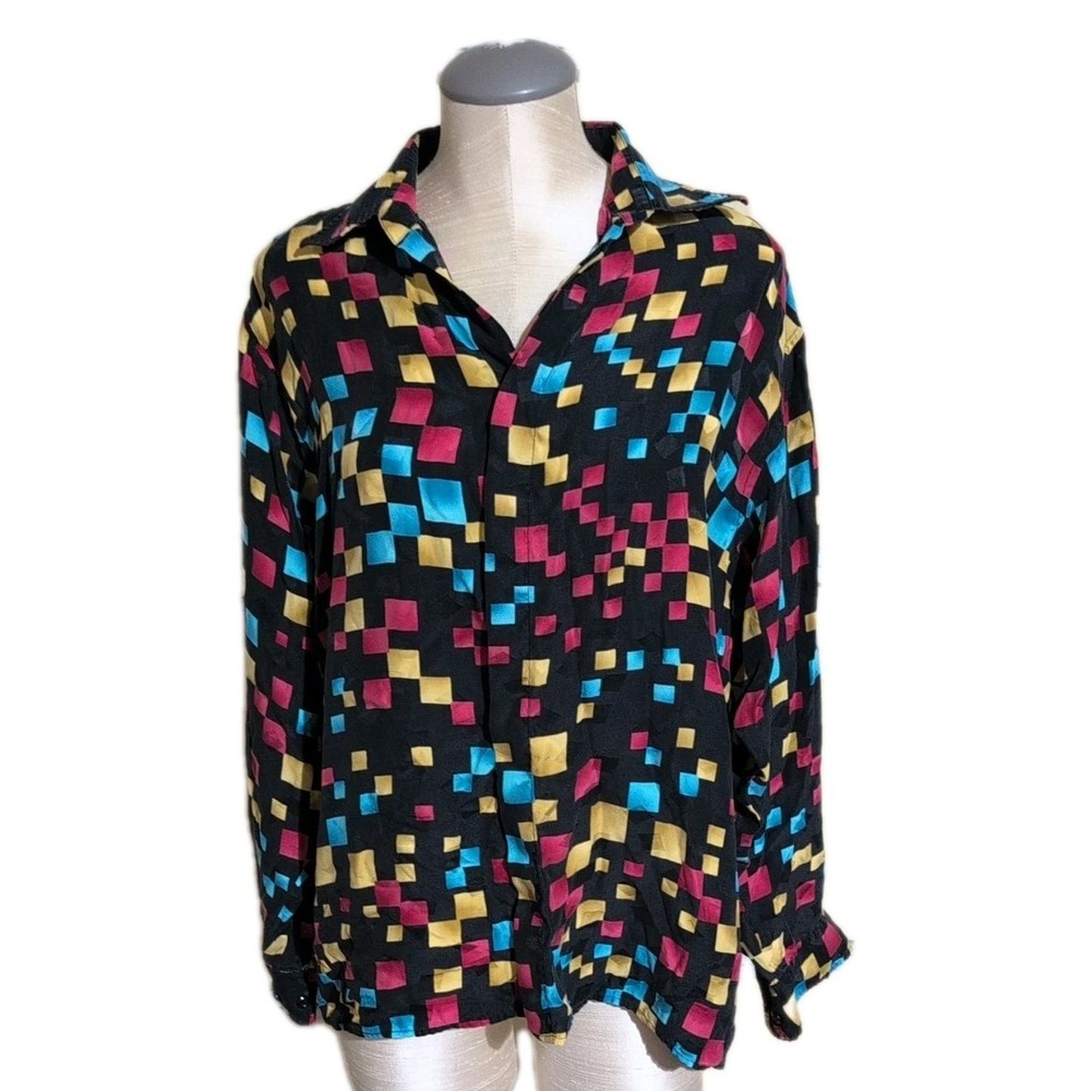 Genelli Men's M Long Sleeve Silk Button Down Black Square Geometric Design